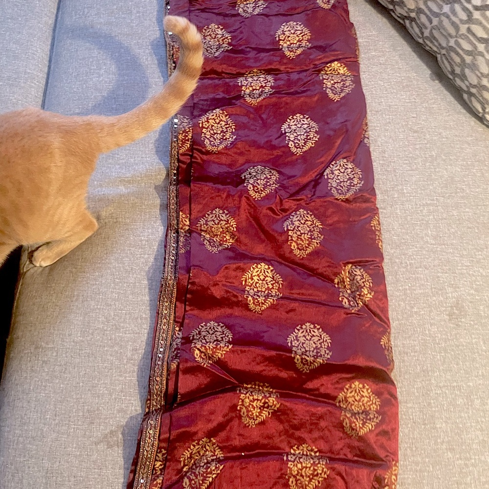 Maroon saree no blouse net and silk sari